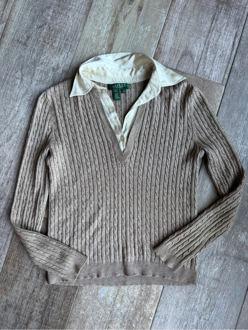 Lauren Ralph Lauren Beige Cable-Knit V-Neck Sweater